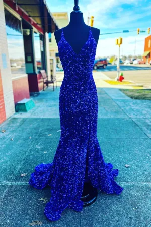 V Neck Royal Blue Sequin Mermaid Long Prom Dress