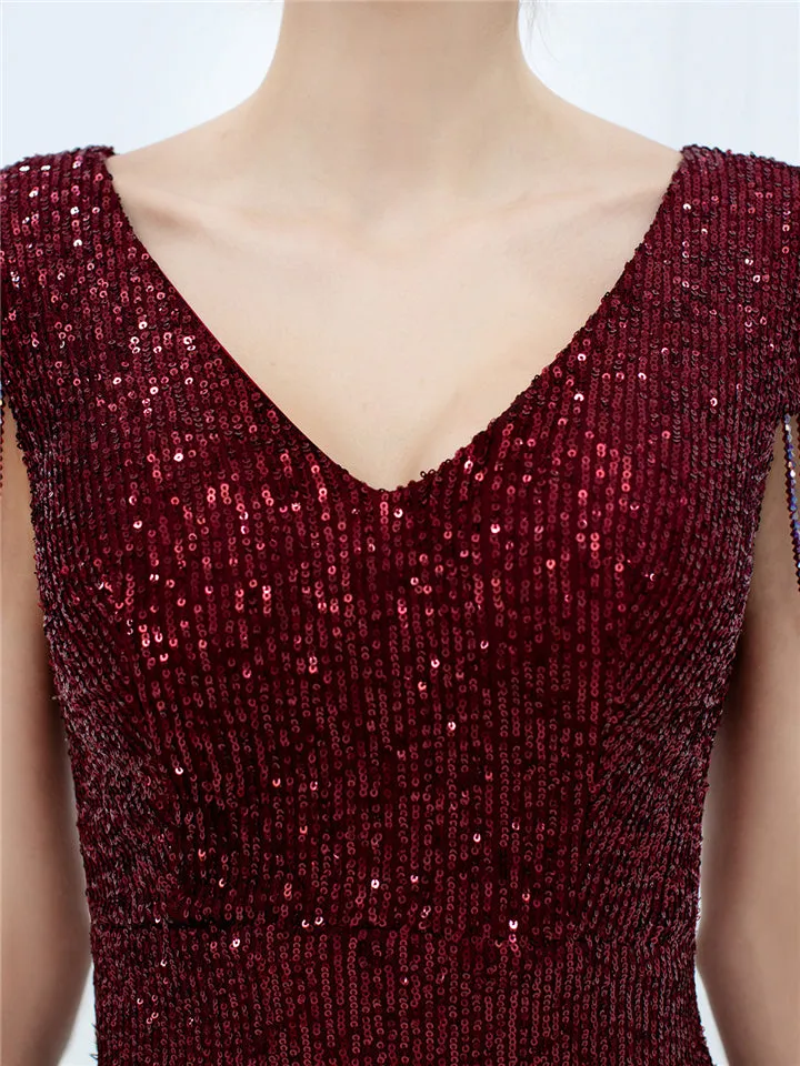 V-Neck Short Sleeve Graceful Slim Sequins Solid Color Long Evening Dresses