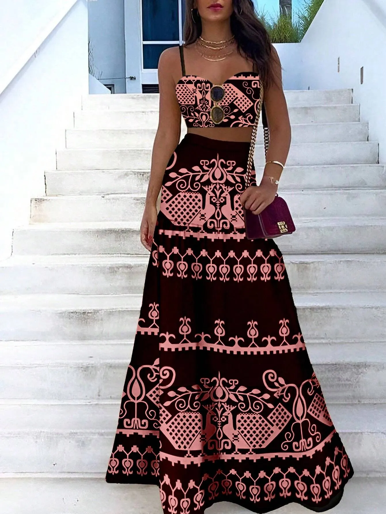 VCAY Vintage Printed Spaghetti Strap Dress Two Pieces Set For Summer Vacation