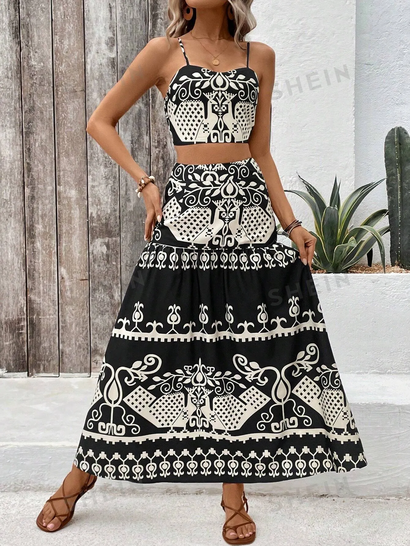 VCAY Vintage Printed Spaghetti Strap Dress Two Pieces Set For Summer Vacation