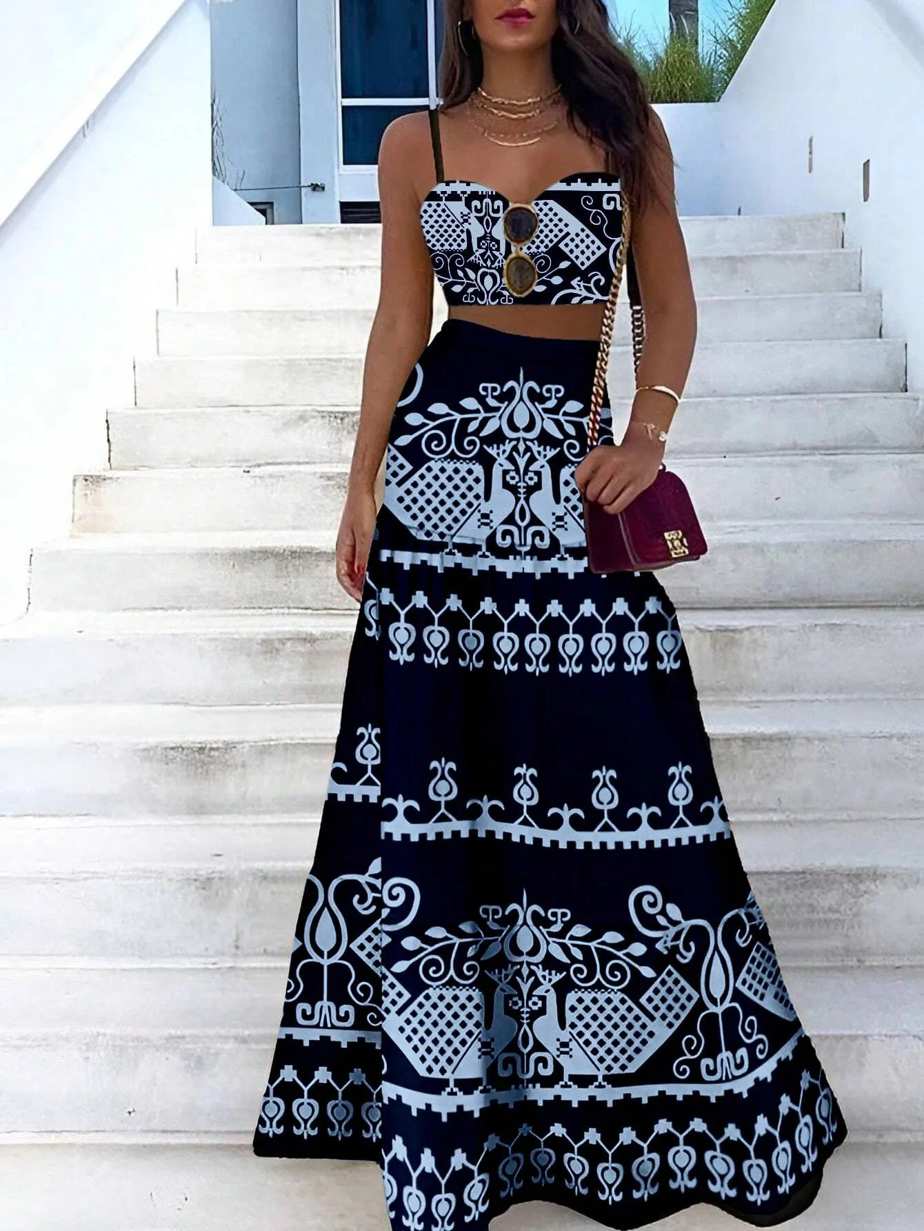VCAY Vintage Printed Spaghetti Strap Dress Two Pieces Set For Summer Vacation