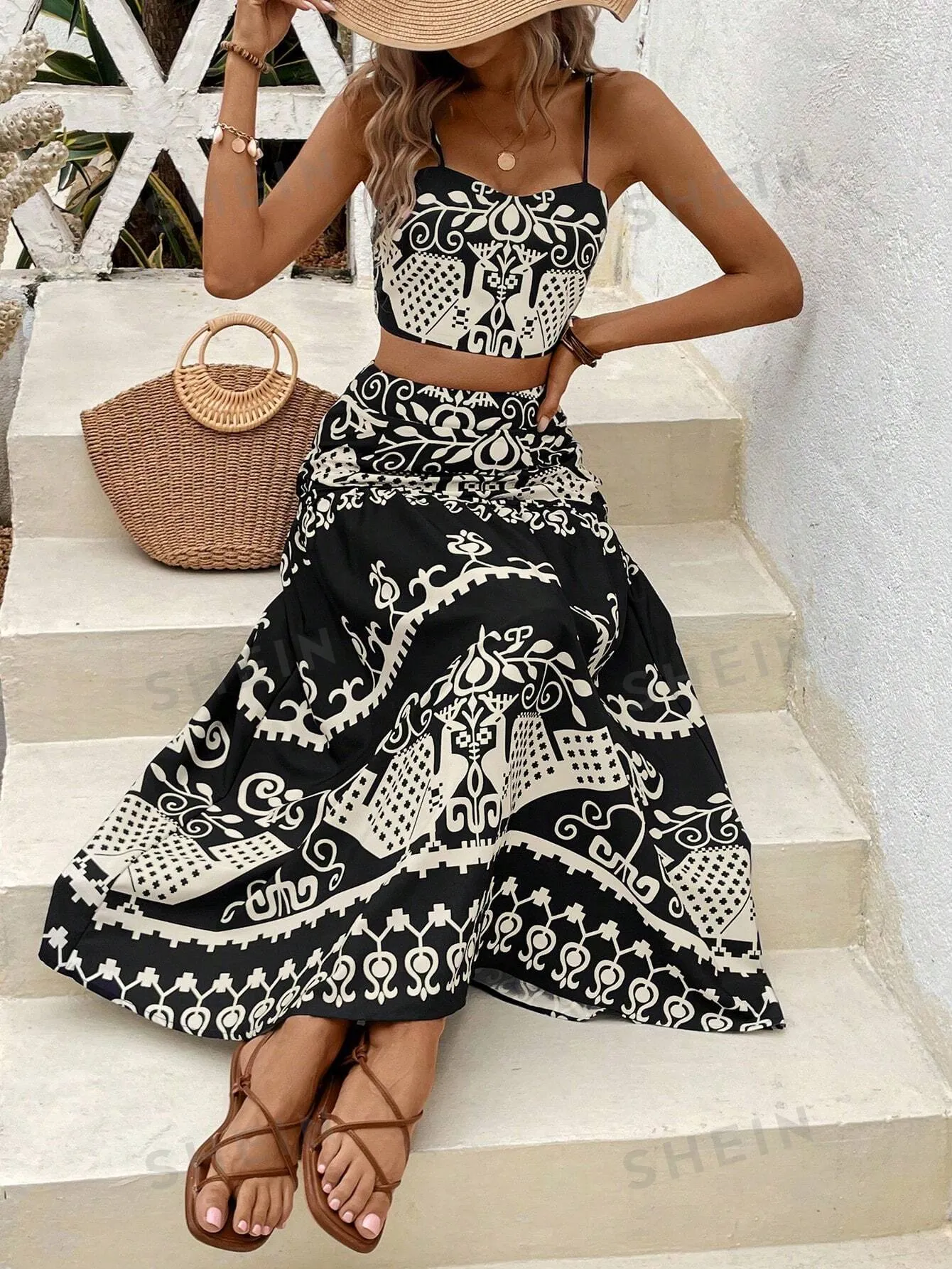 VCAY Vintage Printed Spaghetti Strap Dress Two Pieces Set For Summer Vacation
