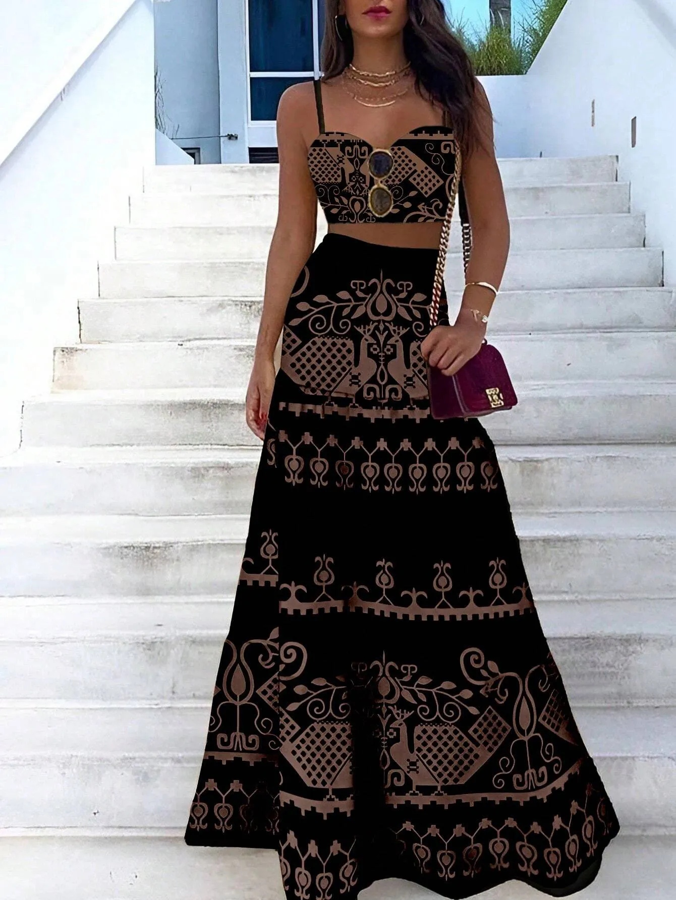 VCAY Vintage Printed Spaghetti Strap Dress Two Pieces Set For Summer Vacation