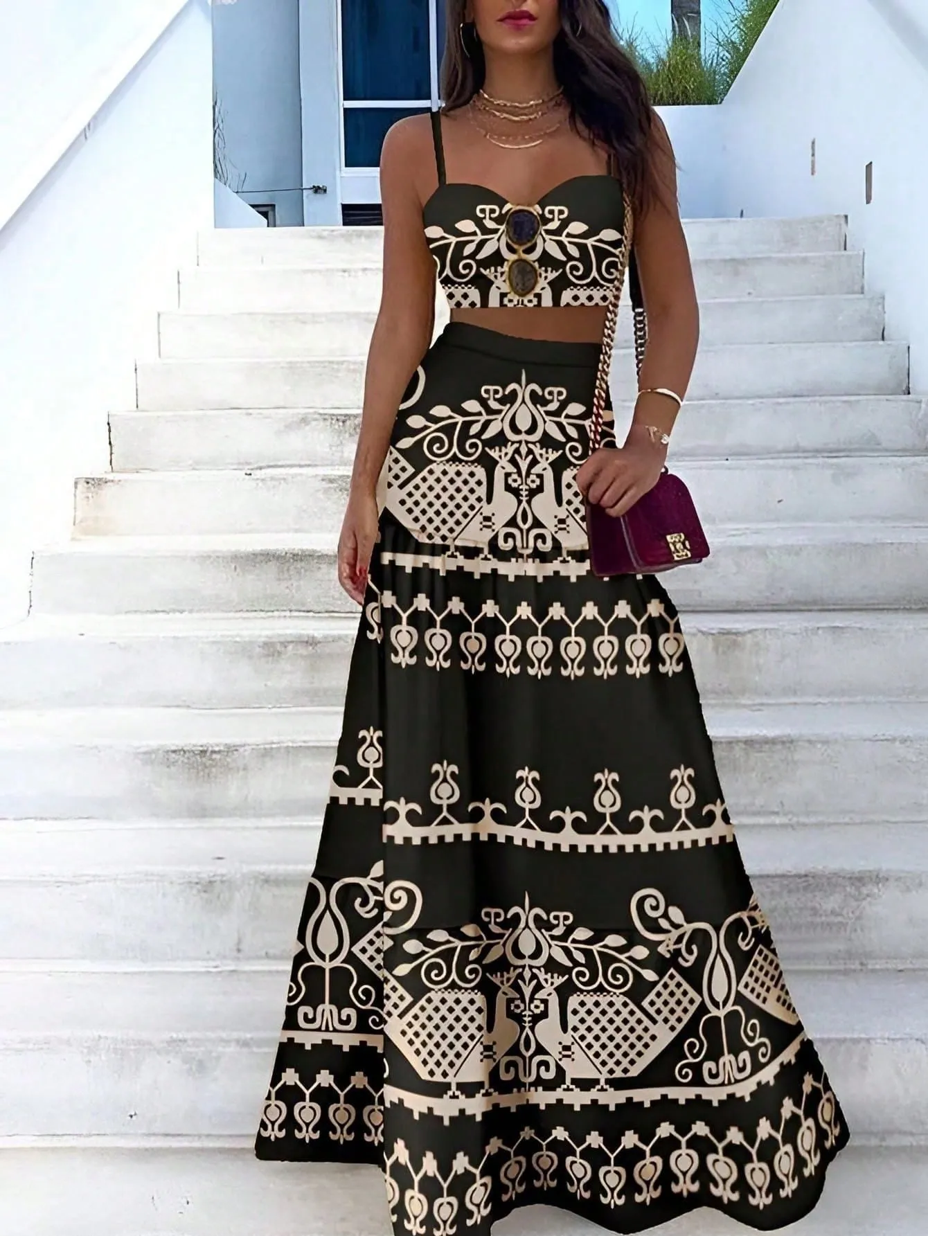 VCAY Vintage Printed Spaghetti Strap Maxi Dress Two Piece Set For Summer Vacation