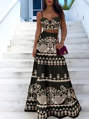 VCAY Vintage Printed Spaghetti Strap Maxi Dress Two Piece Set For Summer Vacation