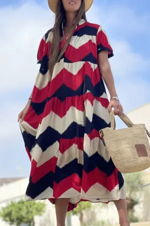 Vintage Elegant Geometric Print Patchwork O Neck A Line Dresses(5 Colors)