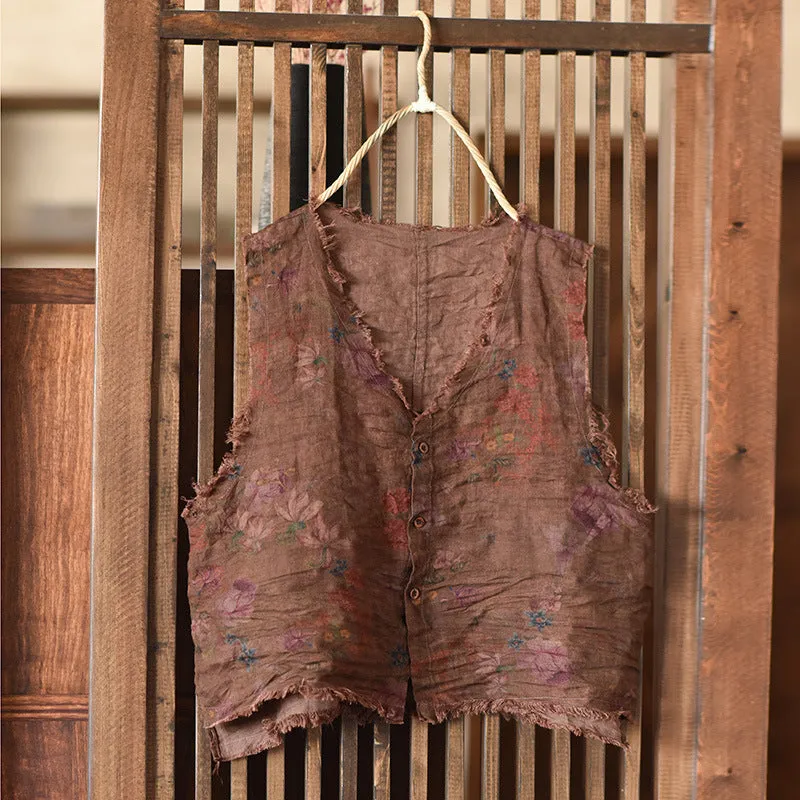 Vintage Patterned Ramie Sleeveless Blouse