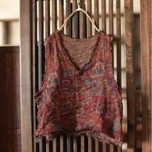 Vintage Patterned Ramie Sleeveless Blouse