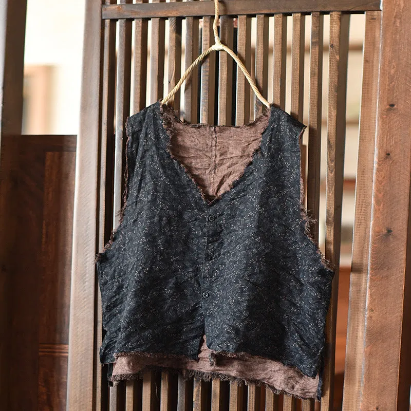 Vintage Patterned Ramie Sleeveless Blouse