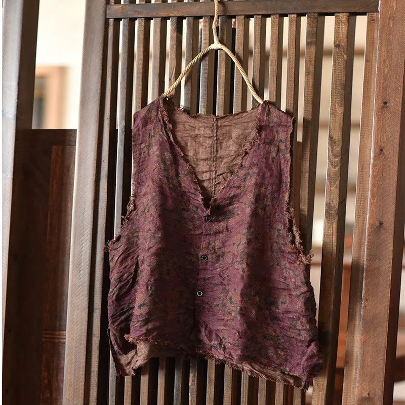 Vintage Patterned Ramie Sleeveless Blouse