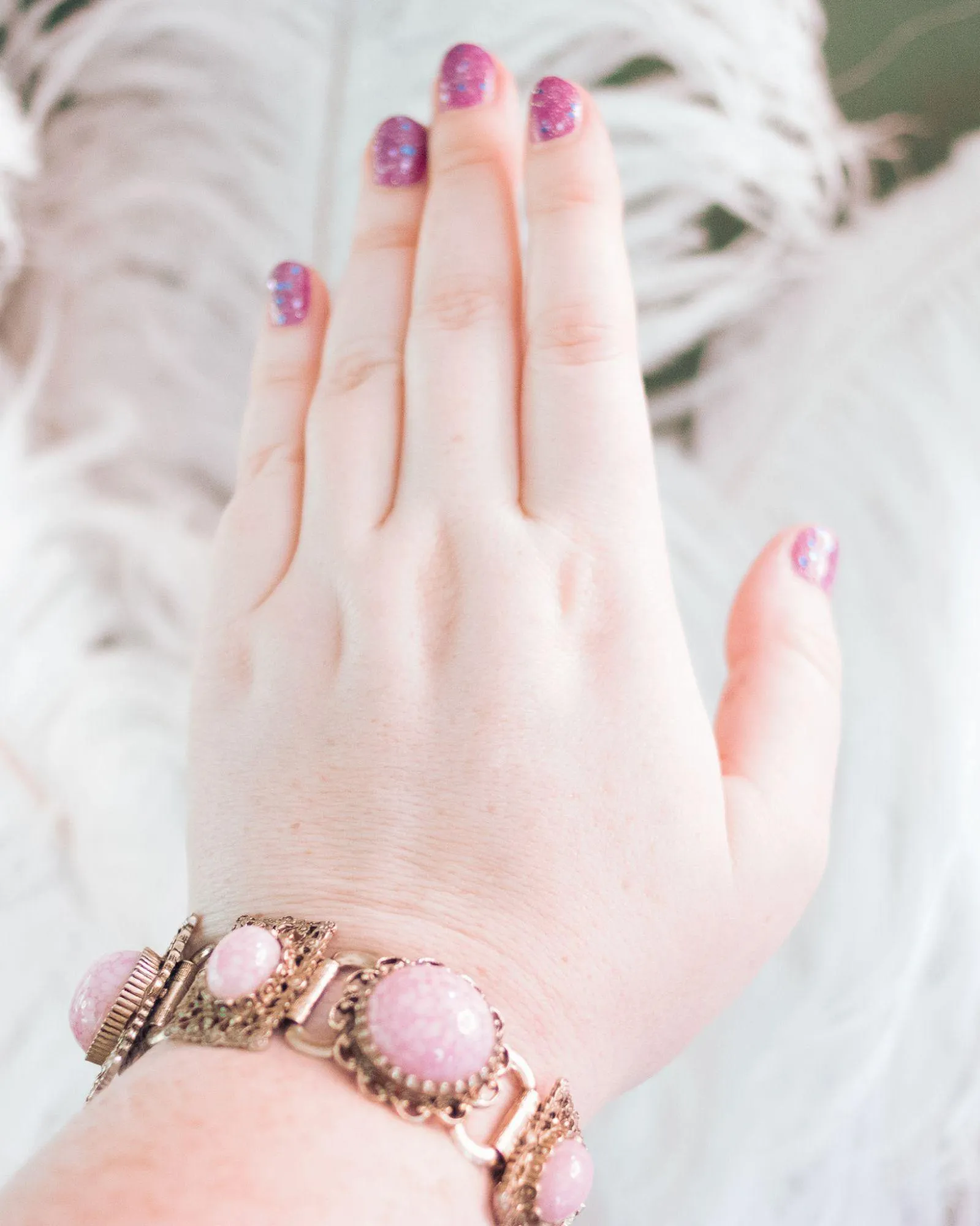 Vintage Pink Glass Cabochon Book Chain Statement Bracelet
