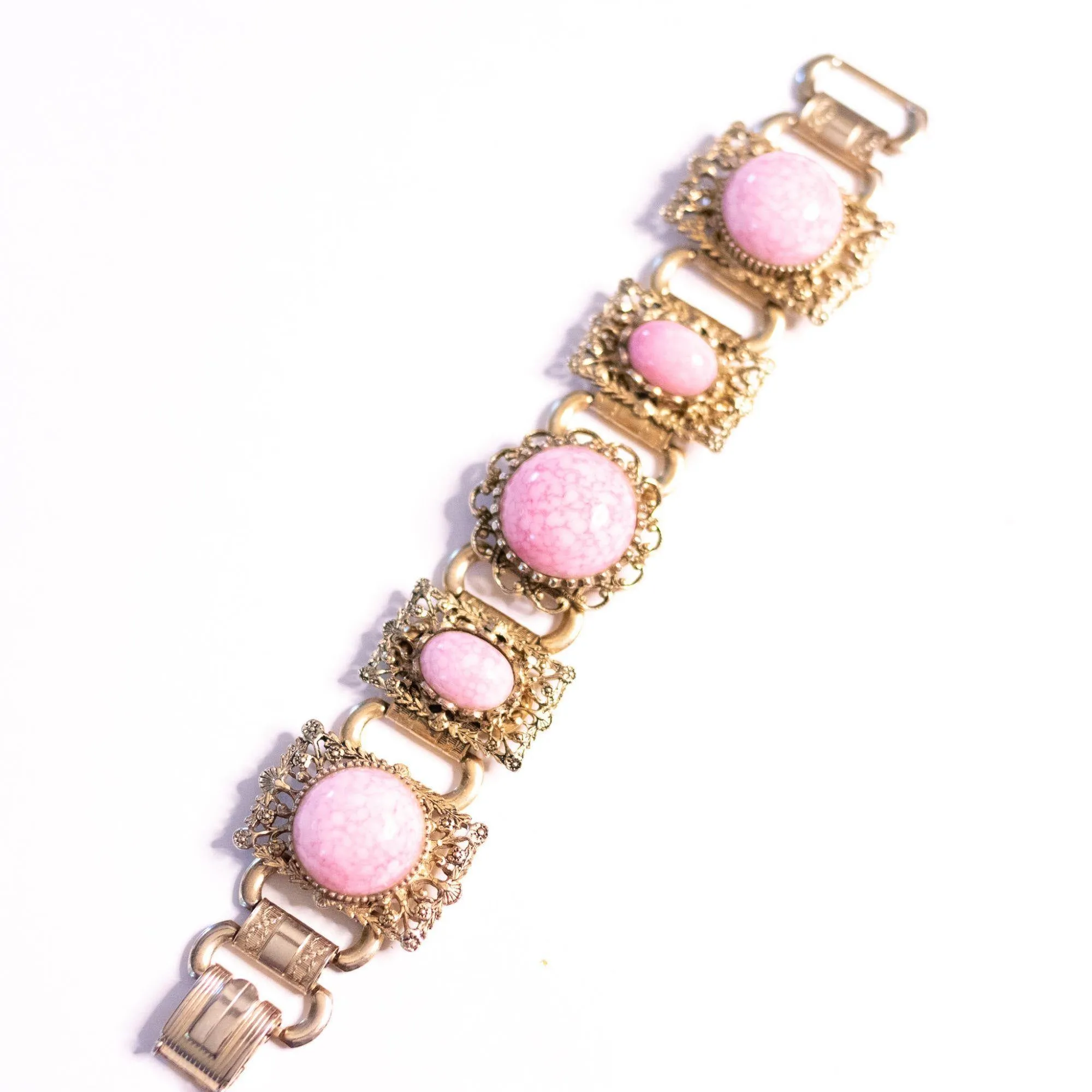 Vintage Pink Glass Cabochon Book Chain Statement Bracelet