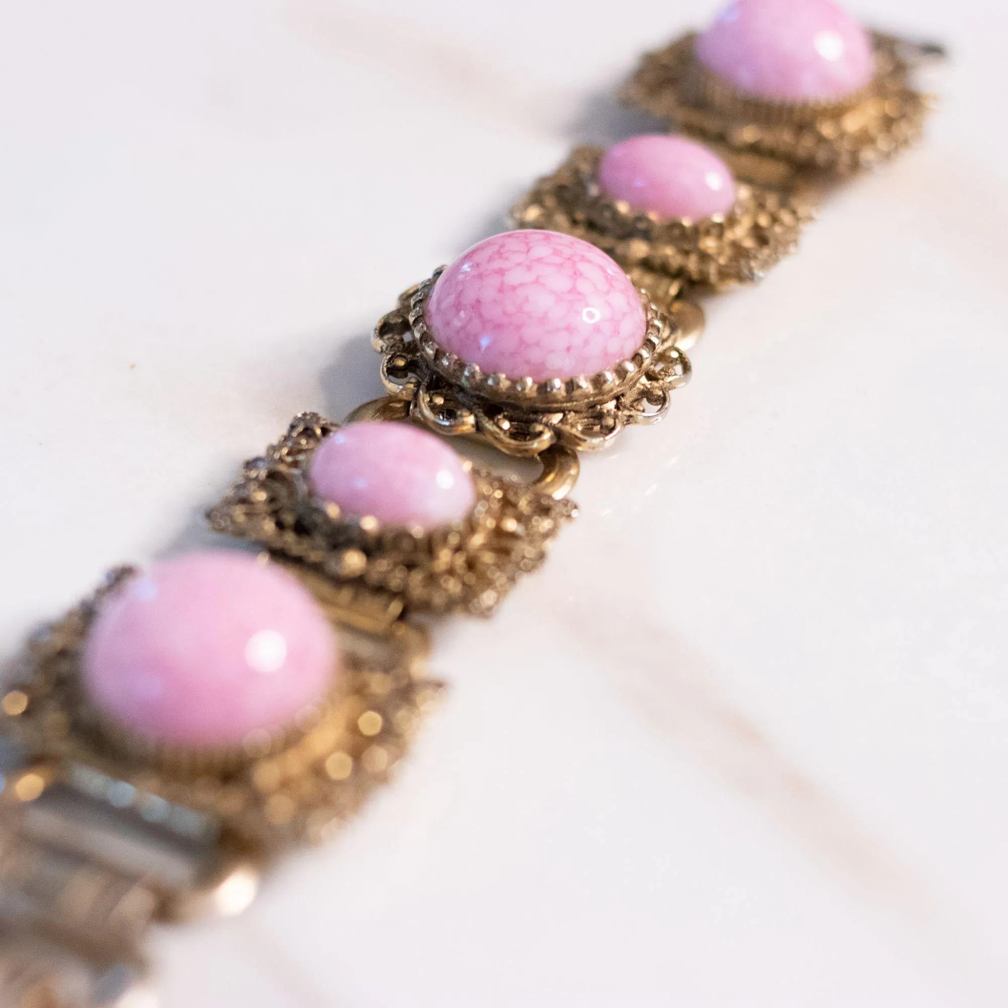 Vintage Pink Glass Cabochon Book Chain Statement Bracelet