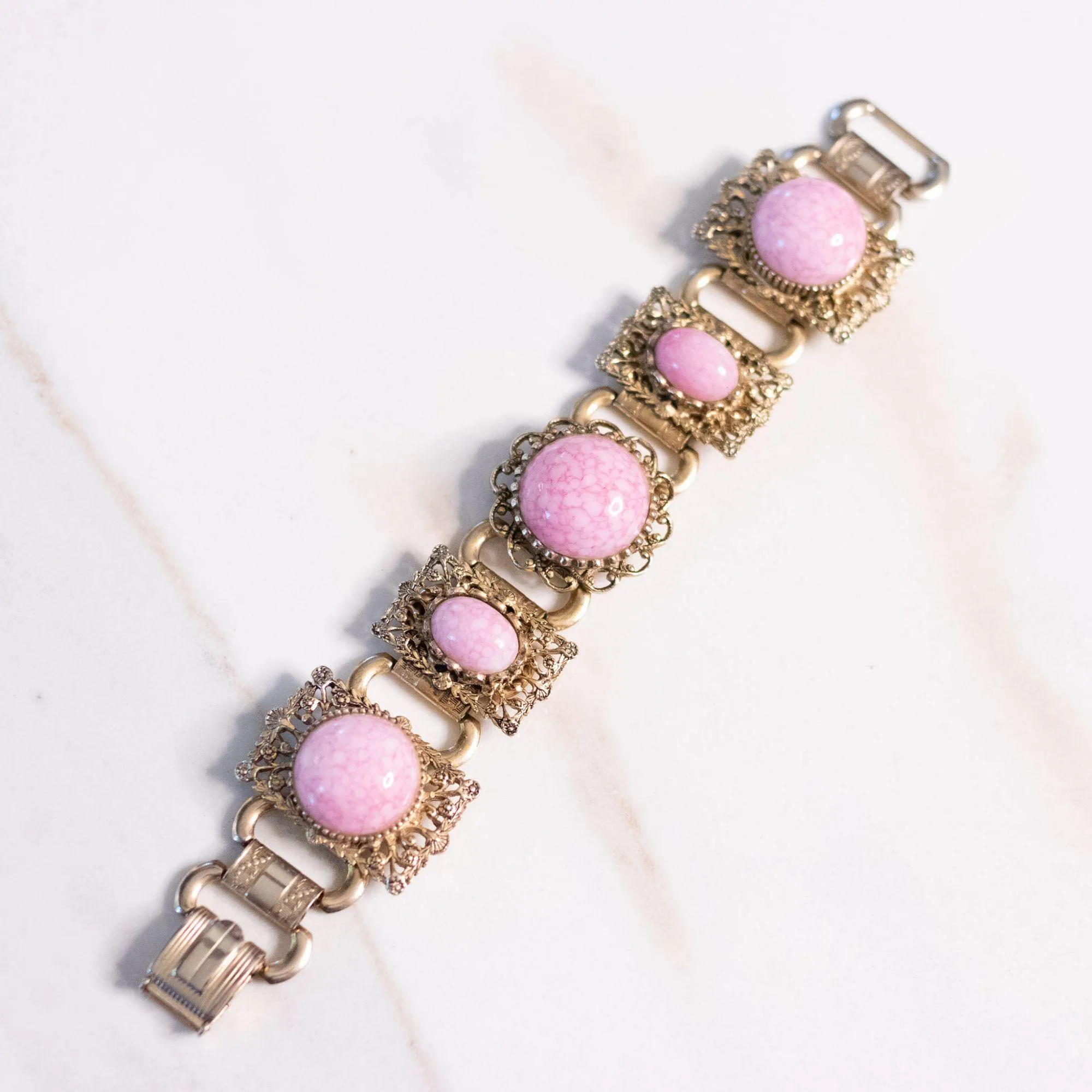 Vintage Pink Glass Cabochon Book Chain Statement Bracelet