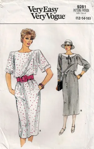 Vogue 9281 Womens Straight Dress 1980s Vintage Sewing Pattern Size 12 & 14 or 18 - 22