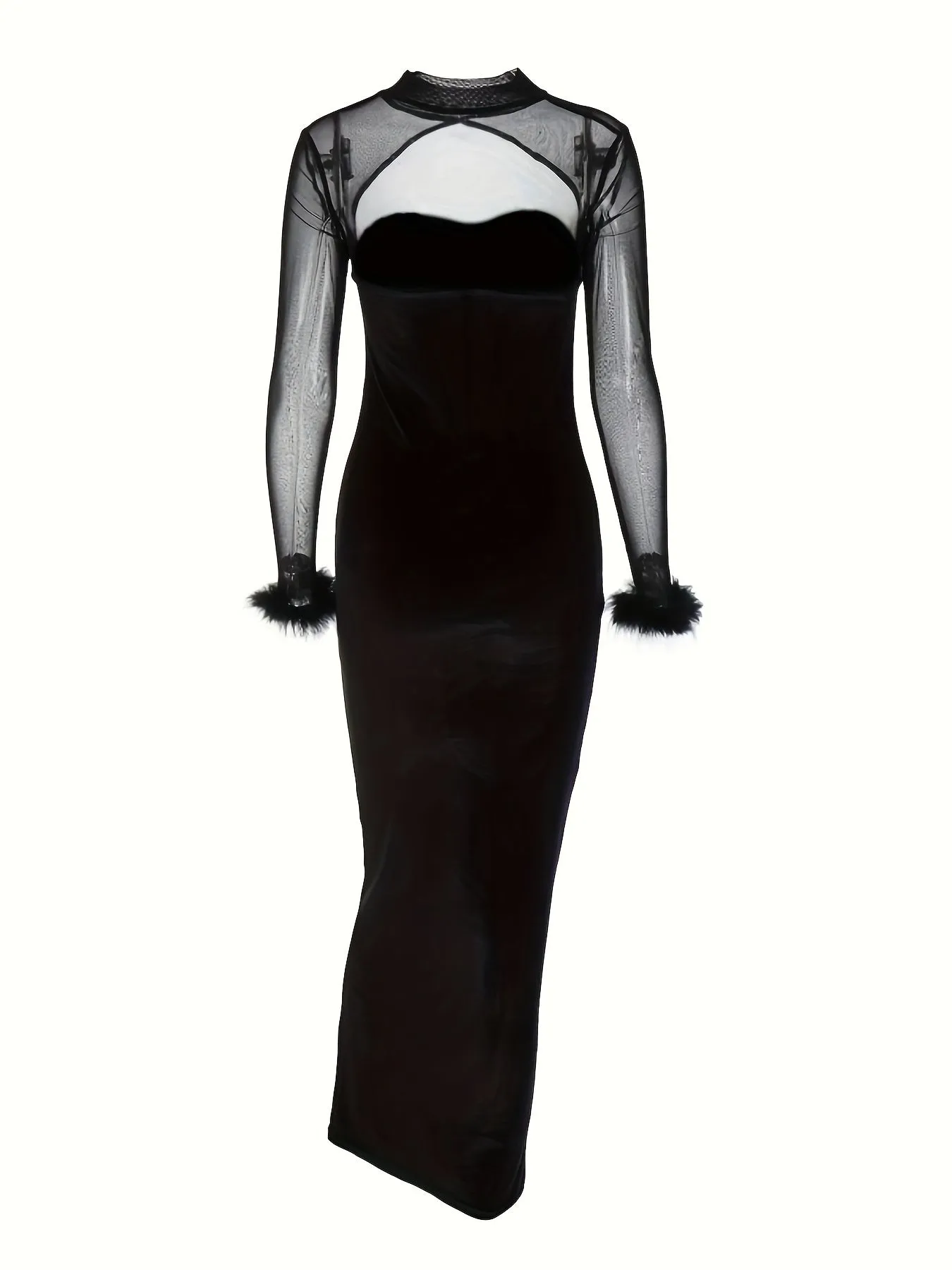 Vzyzv Faux Feather Corset Mesh Splicing Dress, Elegant Long Sleeve Slim Dress For Party & Banquet, Women's Clothing
