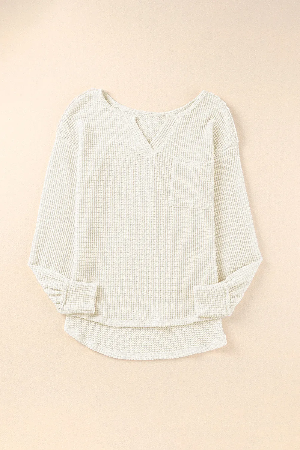 Waffle Knit Split Neck Pocketed Loose Top