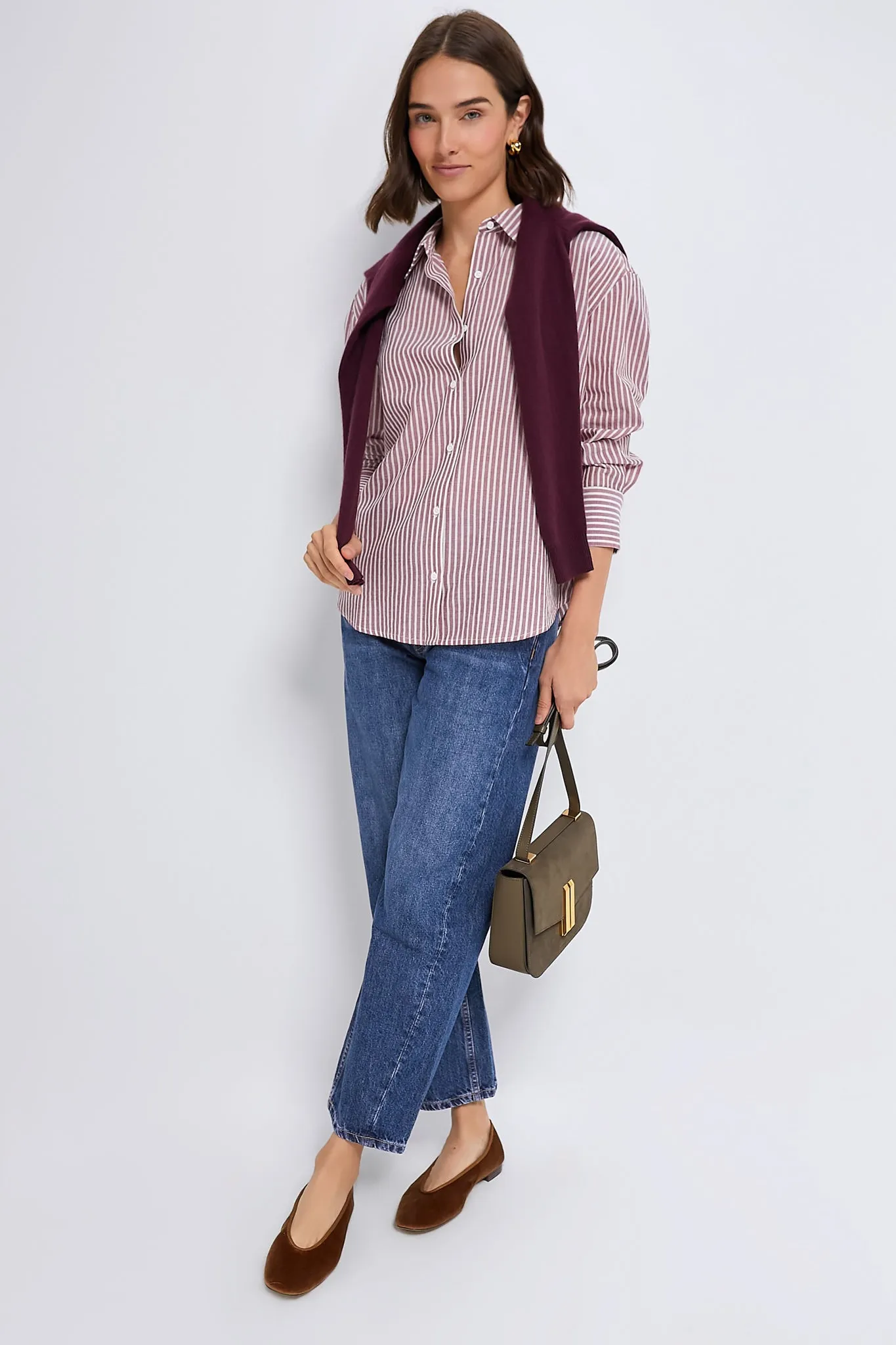 Washed Red Pointelle Stripe Nadine Boyfriend Button Down