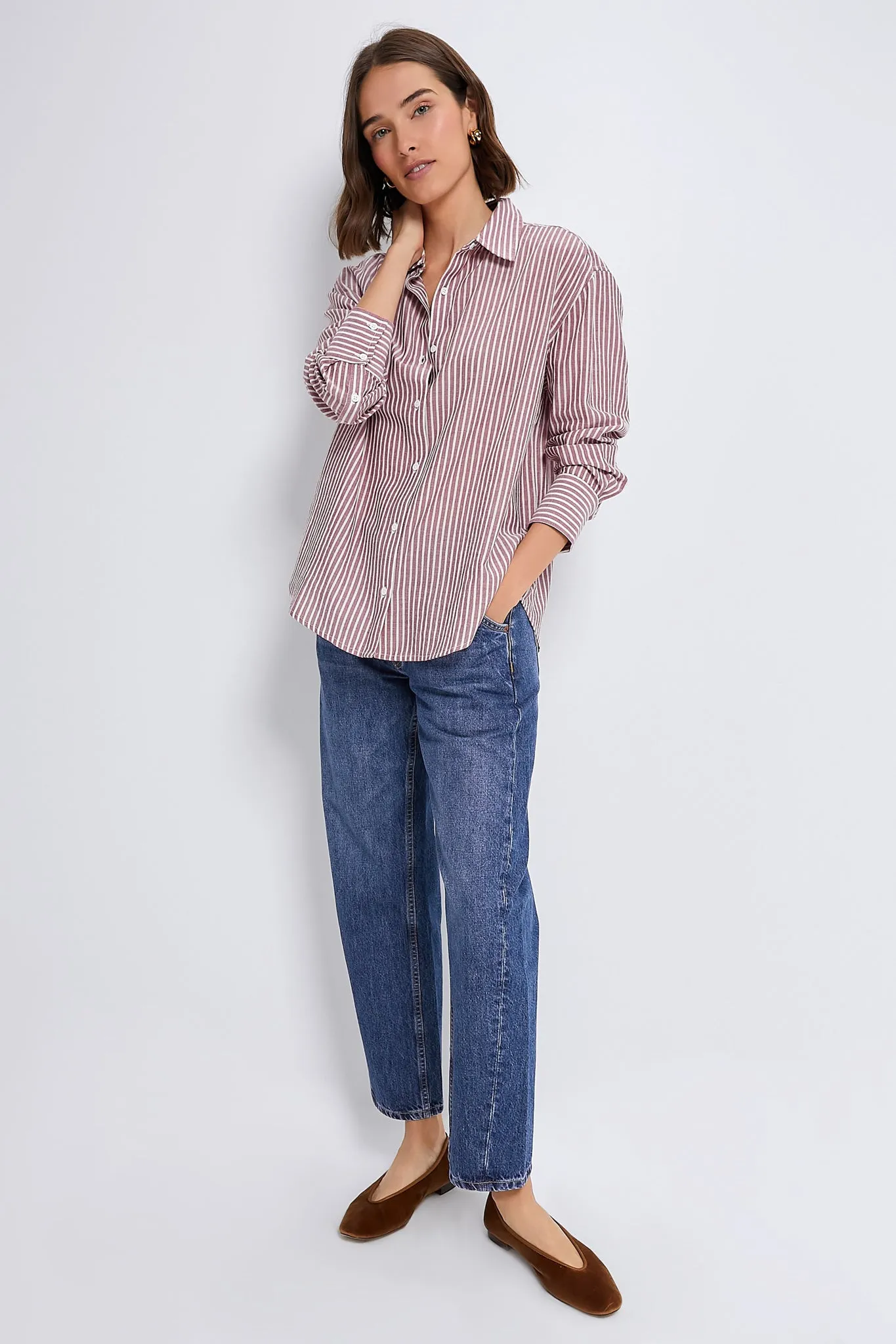 Washed Red Pointelle Stripe Nadine Boyfriend Button Down