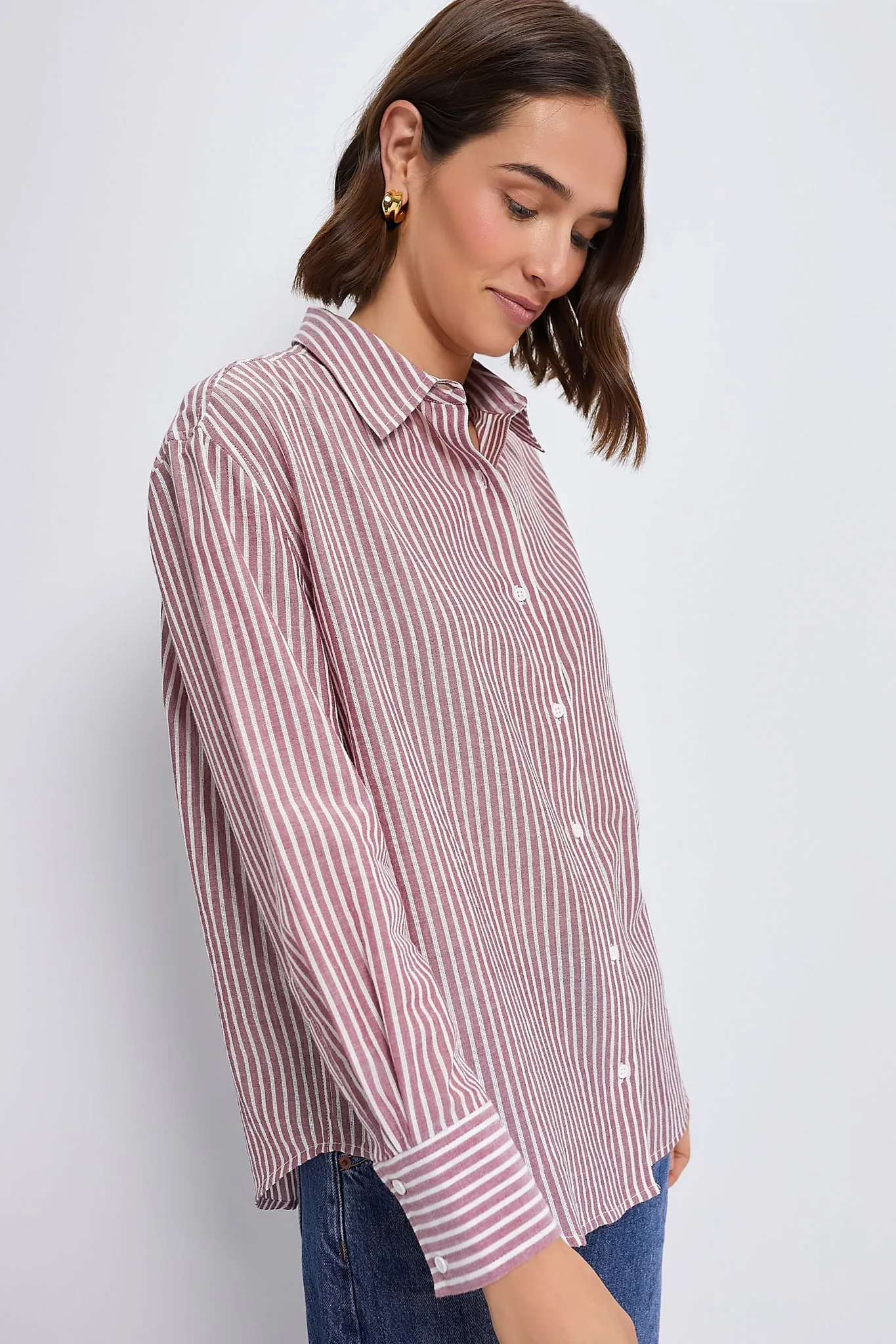 Washed Red Pointelle Stripe Nadine Boyfriend Button Down