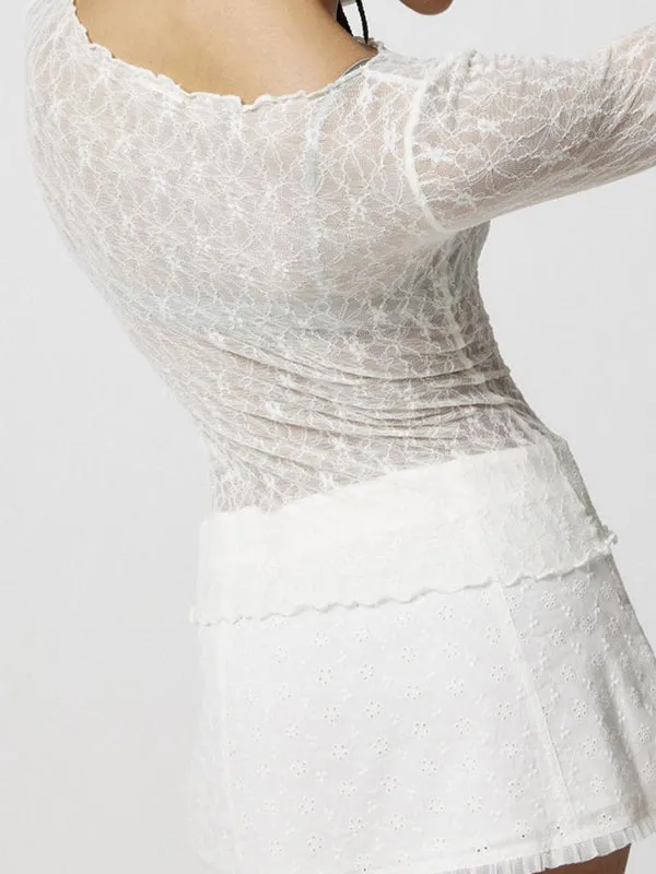 Weißes Transparentes Spitzen Mesh Slim Langarm T-Shirt