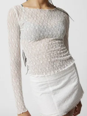 Weißes Transparentes Spitzen Mesh Slim Langarm T-Shirt