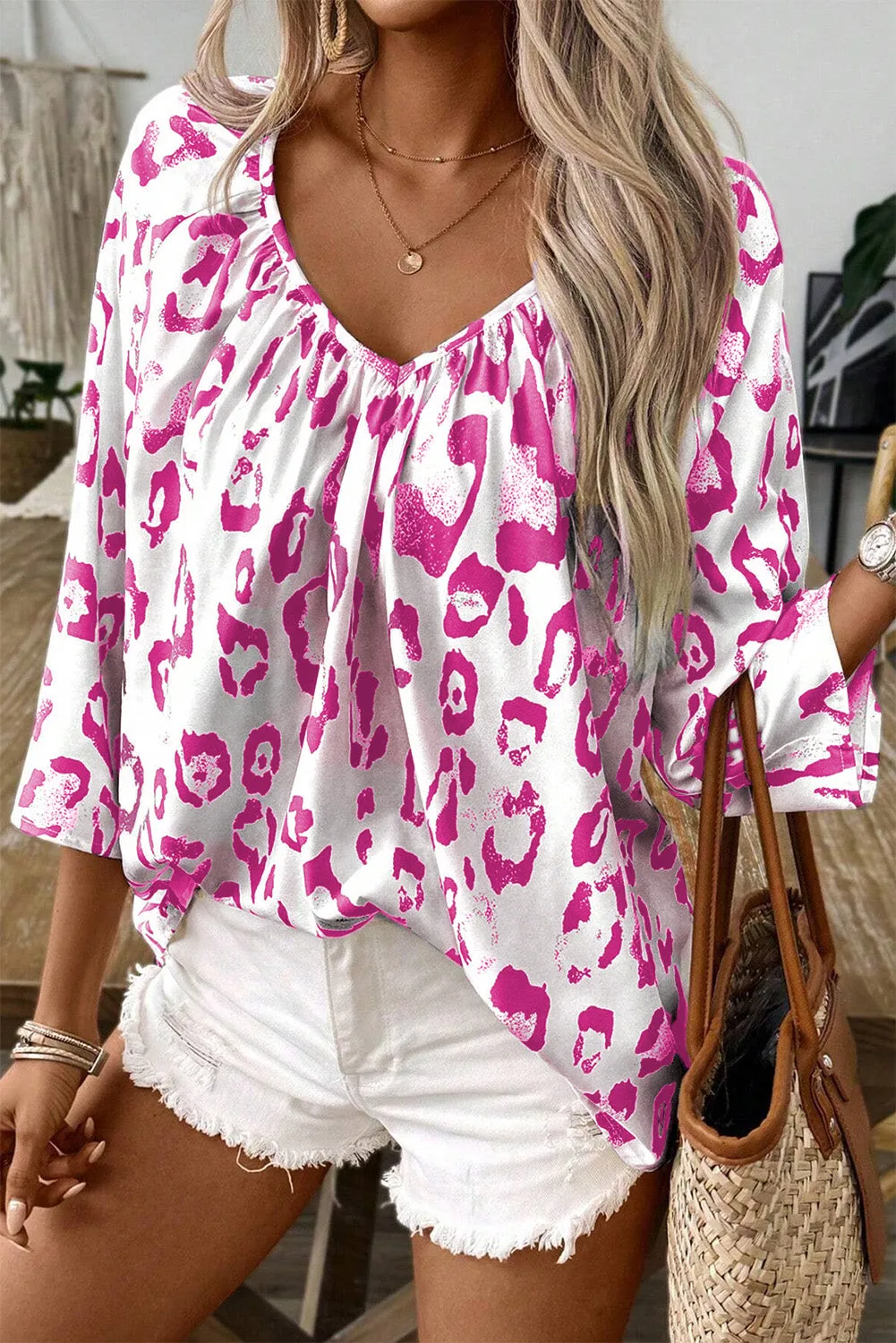 White Leopard Print Notch V Neck Loose Fit Maxi Dress