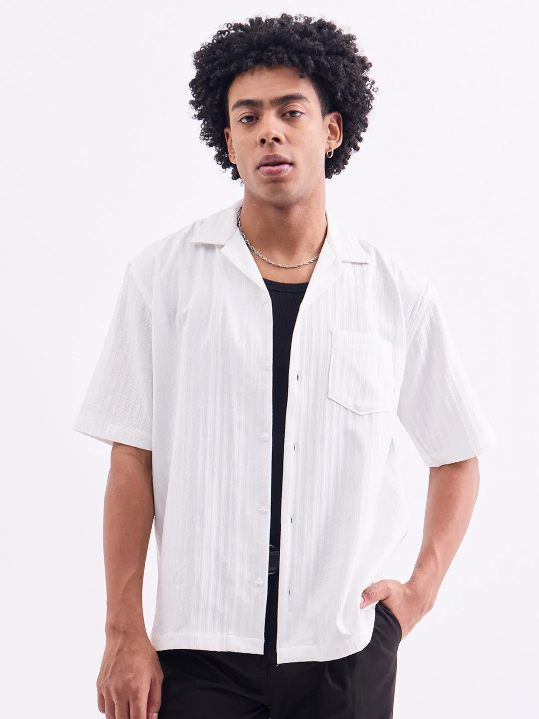 White Striped Textured Resort Shirt