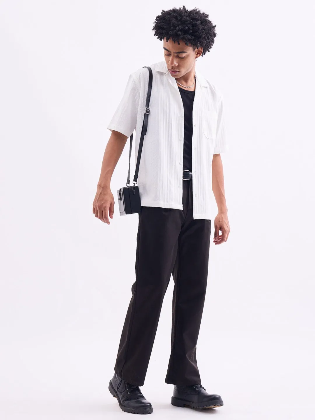 White Striped Textured Resort Shirt