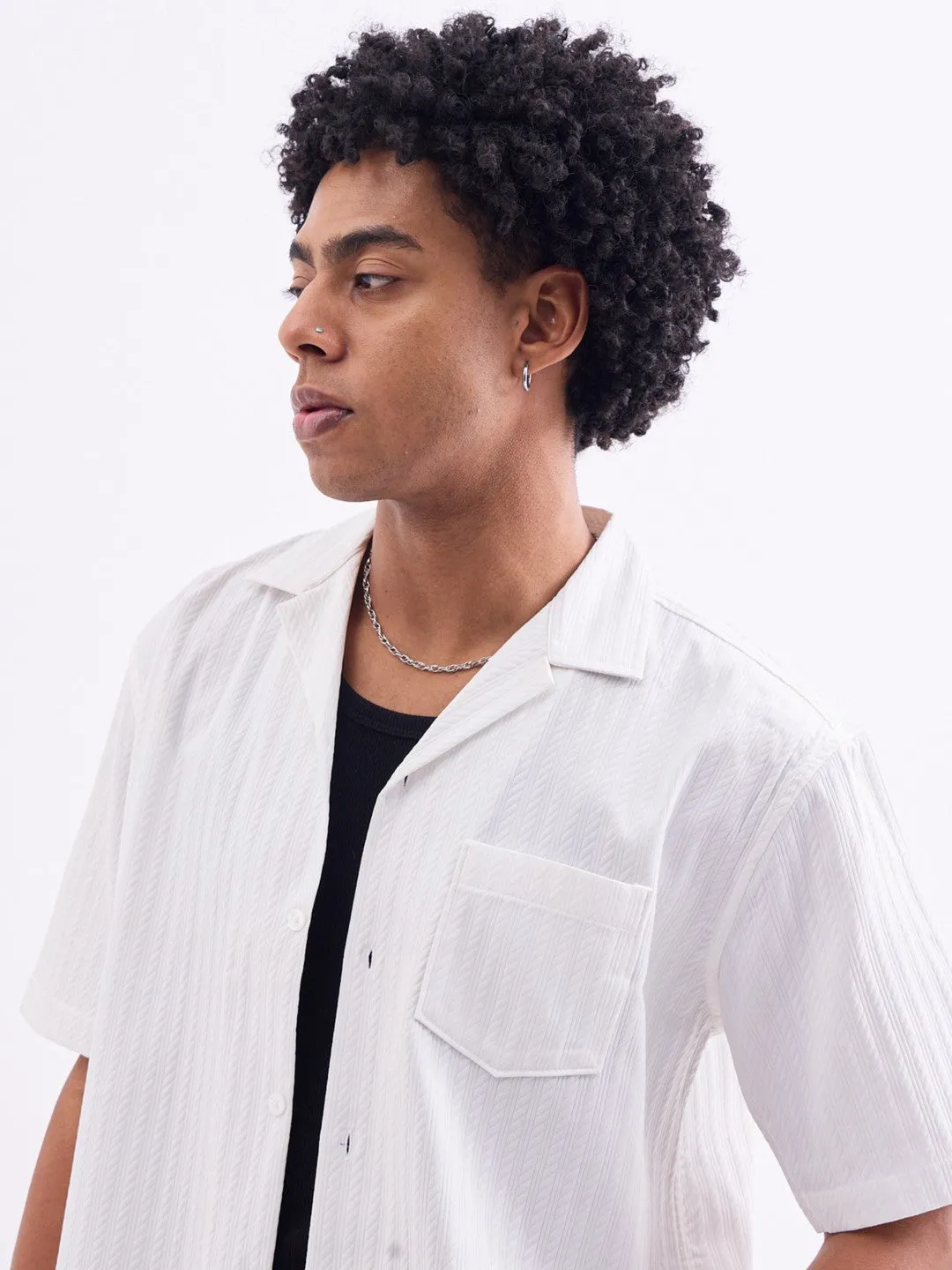 White Striped Textured Resort Shirt