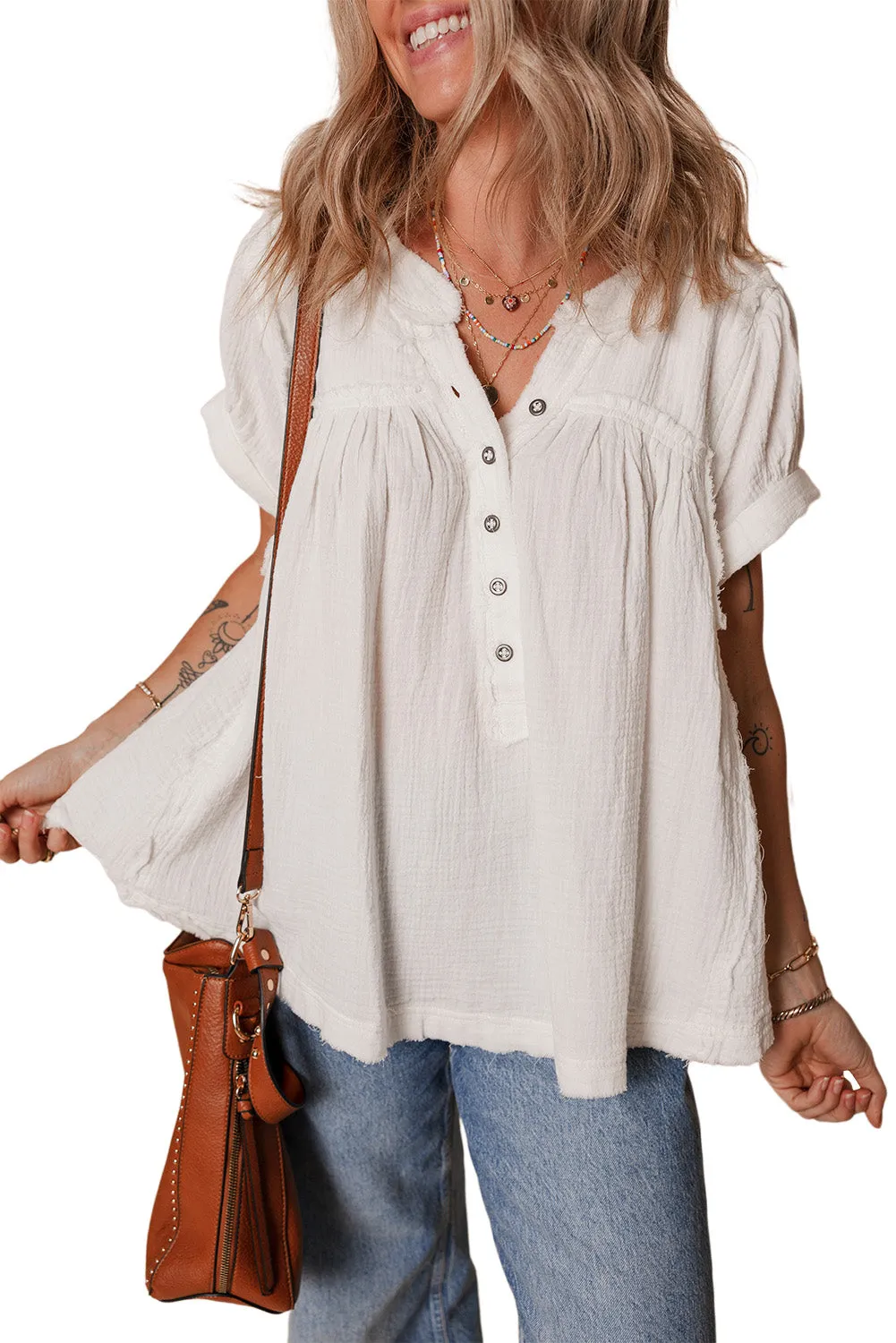 White Textured Short Sleeve Buttons Frayed Blouse