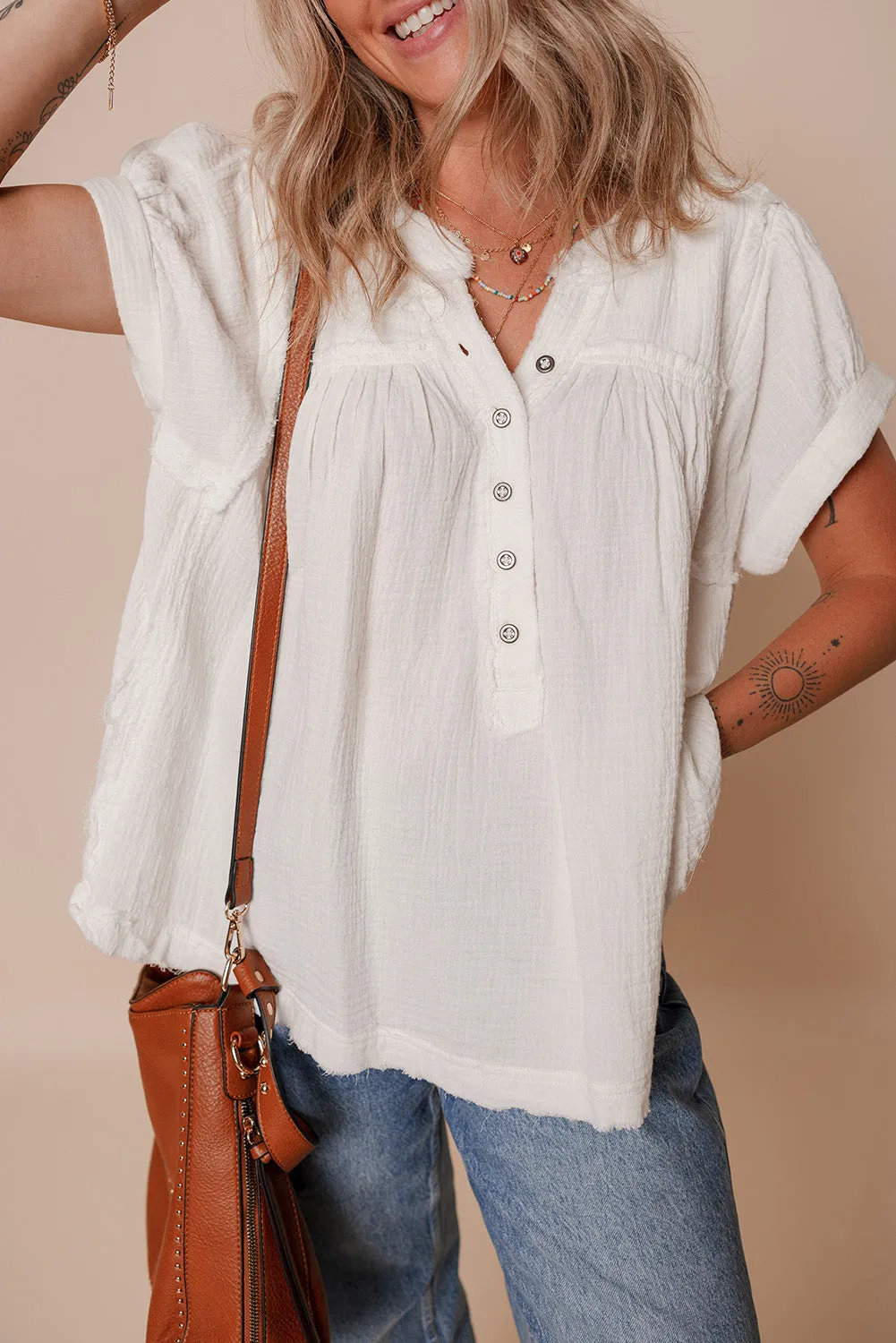 White Textured Short Sleeve Buttons Frayed Blouse