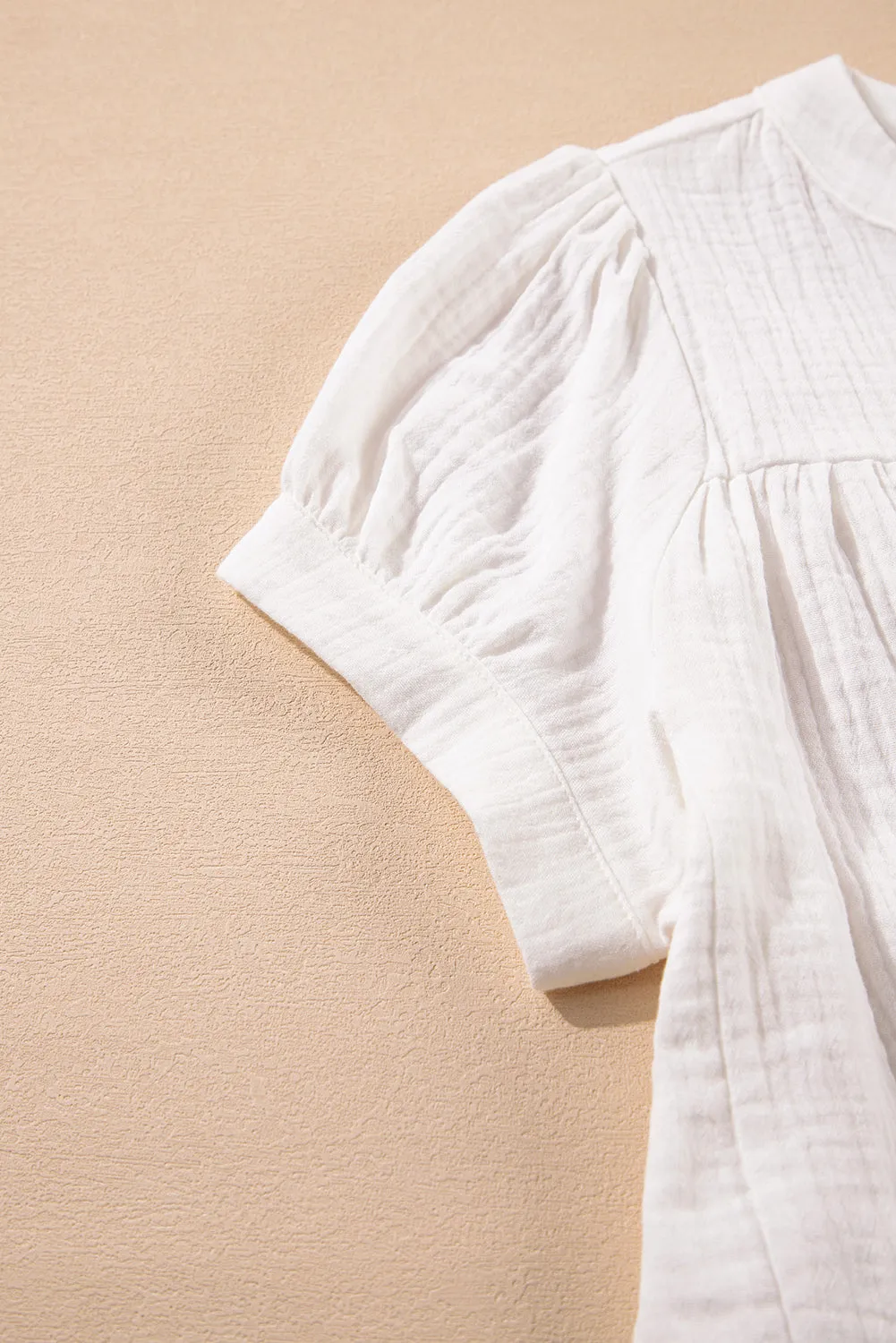 White Textured Short Sleeve Buttons Frayed Blouse
