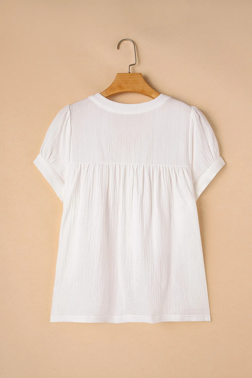 White Textured Short Sleeve Buttons Frayed Blouse