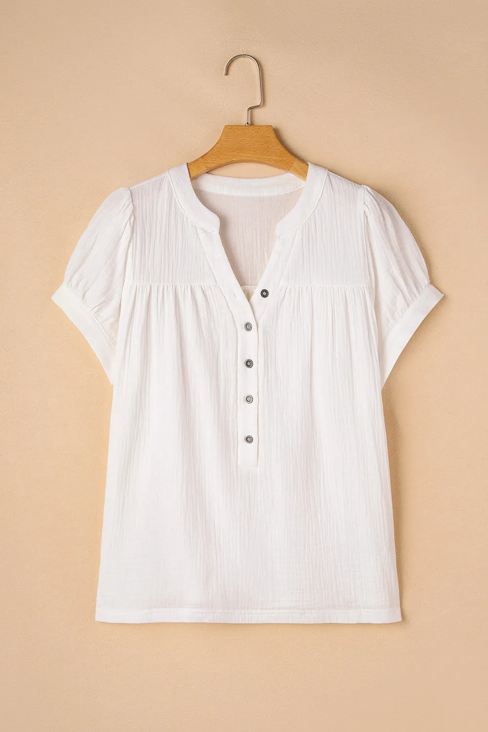 White Textured Short Sleeve Buttons Frayed Blouse