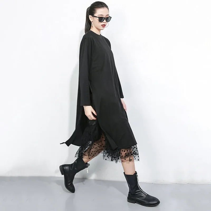 Women Black Mesh Dot Split Joint Dress