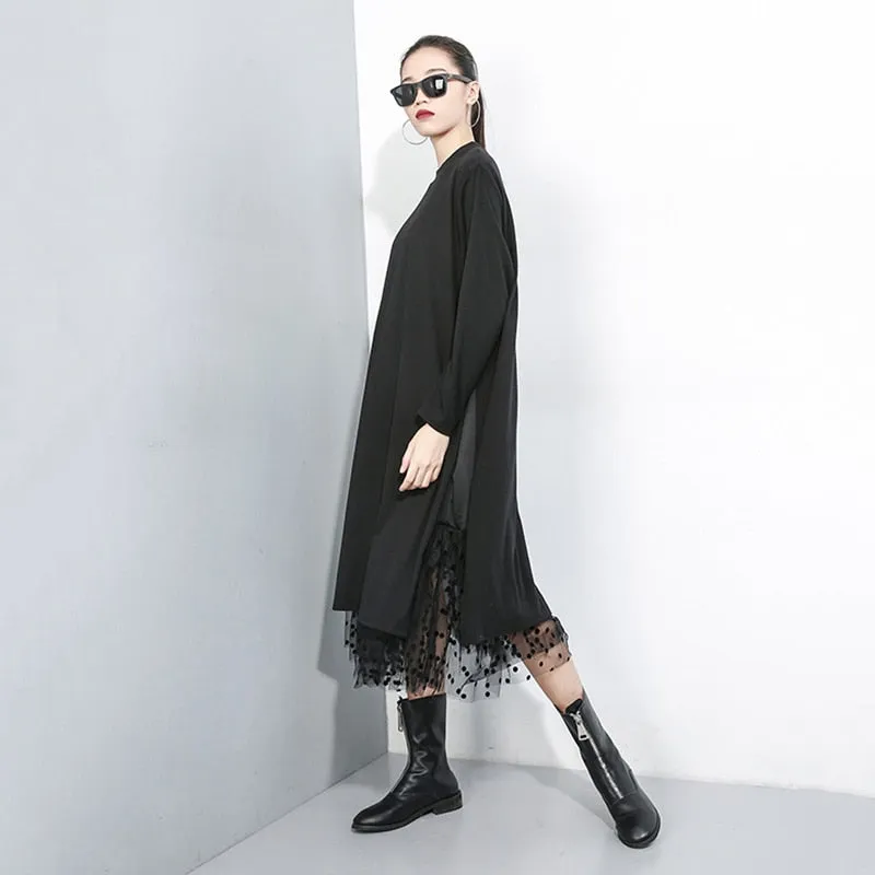 Women Black Mesh Dot Split Joint Dress