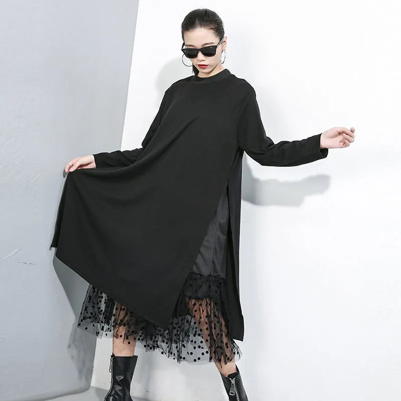 Women Black Mesh Dot Split Joint Dress
