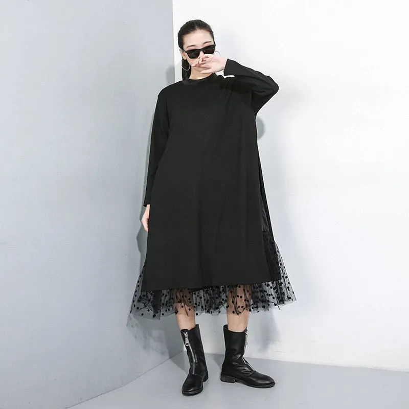 Women Black Mesh Dot Split Joint Dress