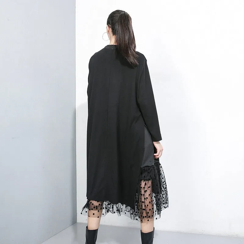 Women Black Mesh Dot Split Joint Dress