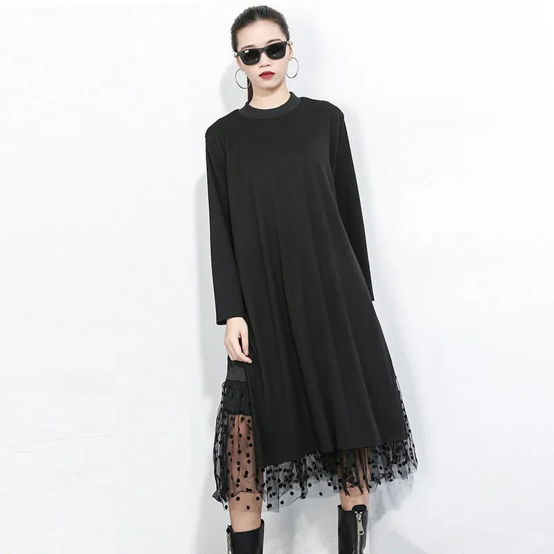 Women Black Mesh Dot Split Joint Dress