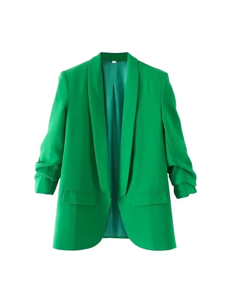 Women Fashion Office Wear Open Blazer Coat Vintage Long Pleated Sleeves Flap Pockets Female Outerwear Chic Tops