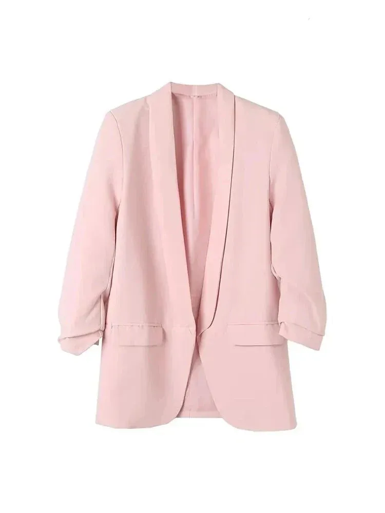 Women Fashion Office Wear Open Blazer Coat Vintage Long Pleated Sleeves Flap Pockets Female Outerwear Chic Tops