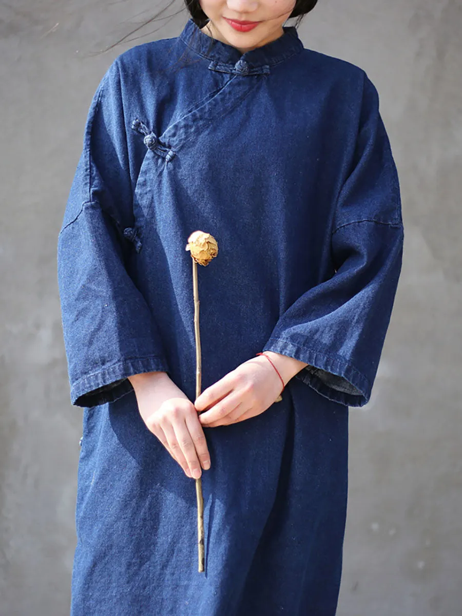 Women Spring Vintage Frog Denim Loose Dress