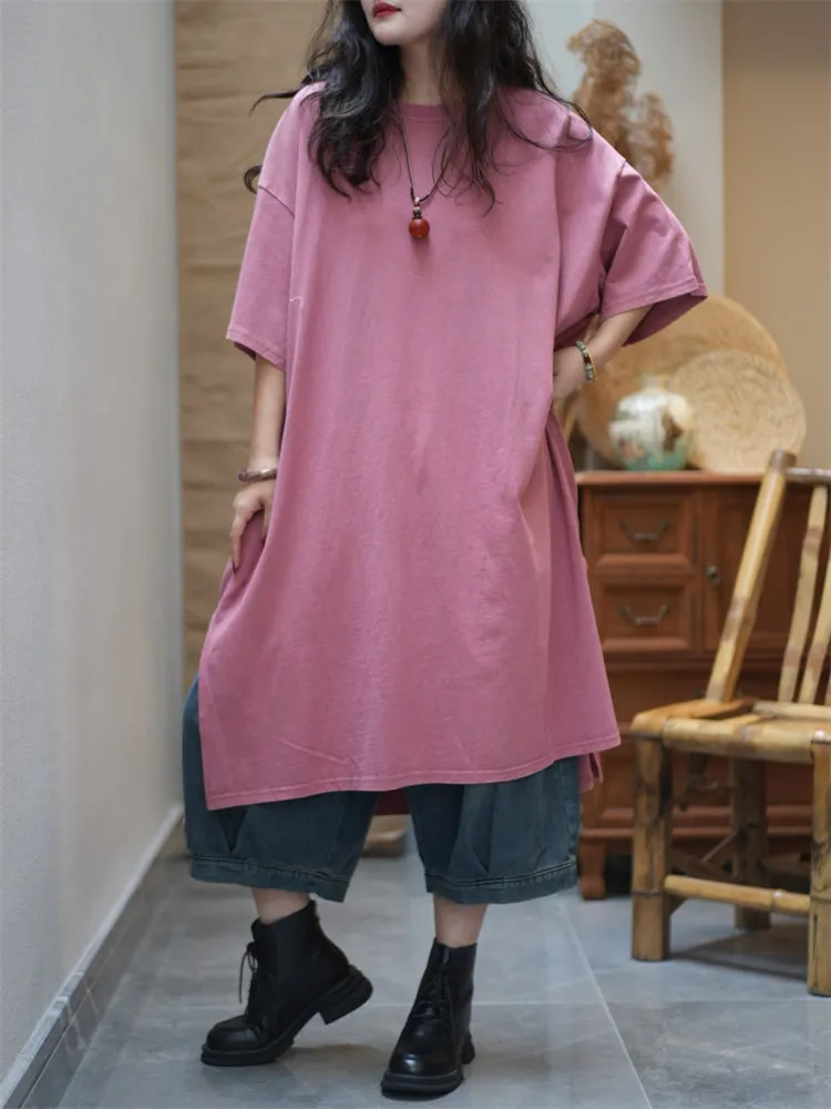 Women Summer Pure Color Split Hem O-Neck Cotton Dress