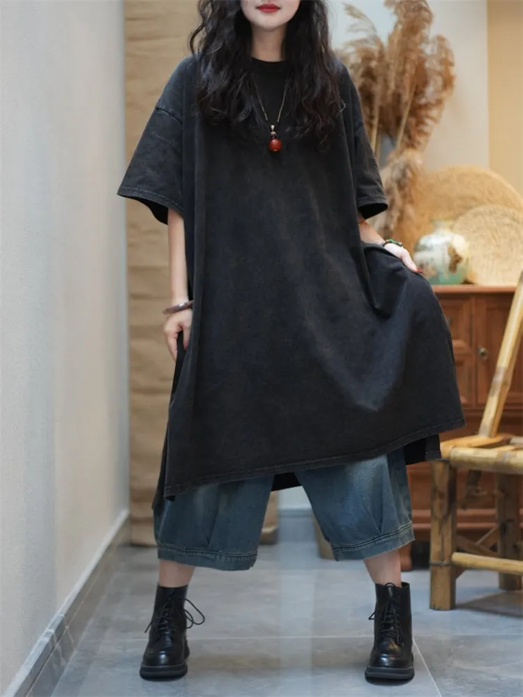 Women Summer Pure Color Split Hem O-Neck Cotton Dress