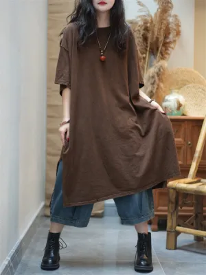 Women Summer Pure Color Split Hem O-Neck Cotton Dress