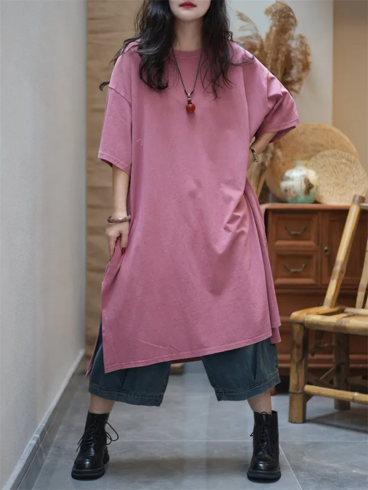 Women Summer Pure Color Split Hem O-Neck Cotton Dress