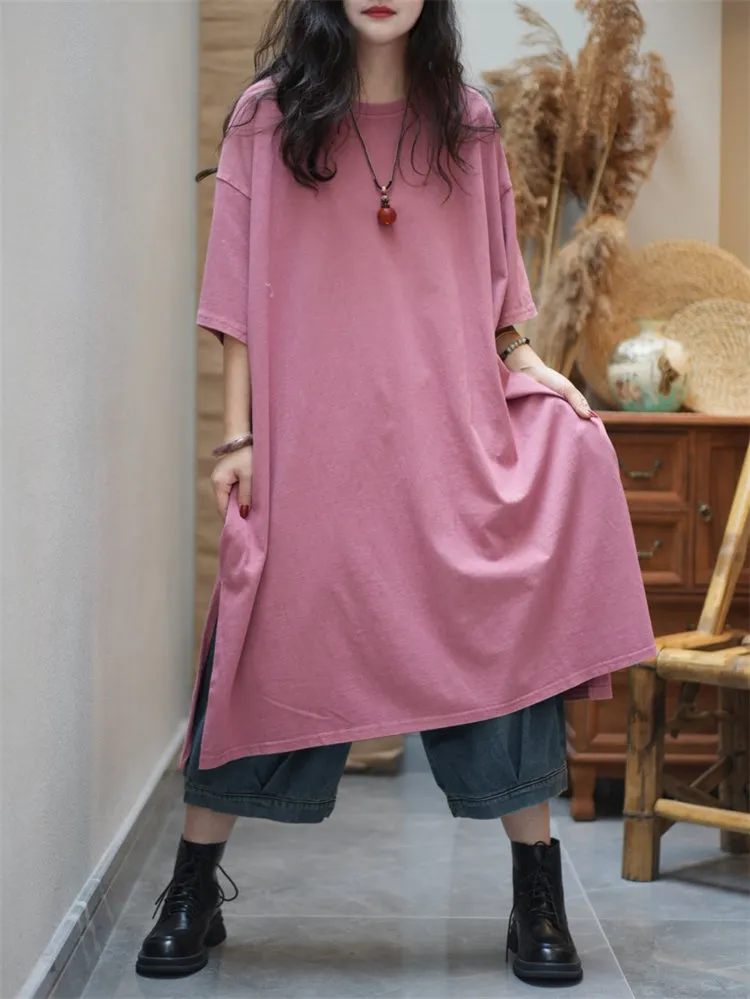 Women Summer Pure Color Split Hem O-Neck Cotton Dress