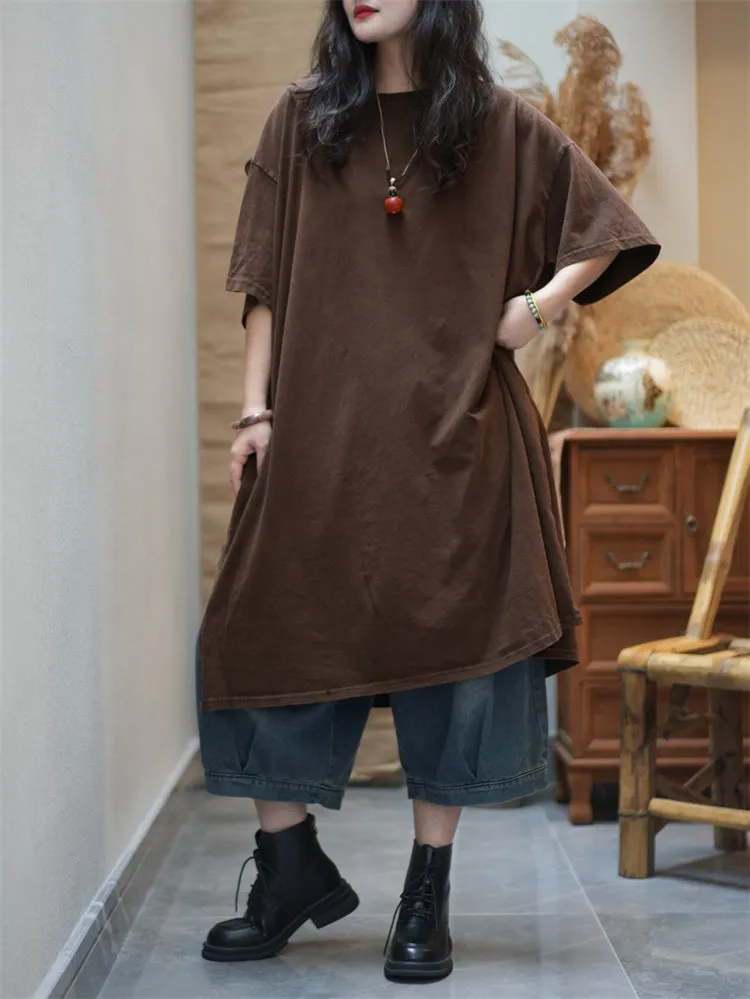 Women Summer Pure Color Split Hem O-Neck Cotton Dress
